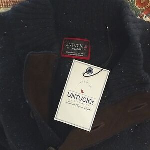 UNTUCKit Navy Lambswool blend Mens Donegal Button Neck Sweater XL NWT